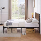 Full Size Bed Frame with Wood Headboard,Metal Bed Frame with 14 Heavy Duty Steel Slats,No Box Spring Needed,Noise-Free,Retro Brown