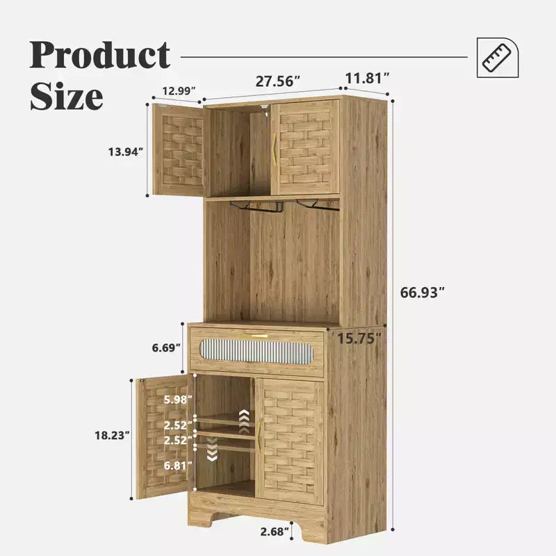 67''/71 Tall Freestanding Hutch Cupboard, Liquor Cabinet Bar, Buffet Cabinet for Kitchen and Dining Room, Natural 4A - ModernLuxe