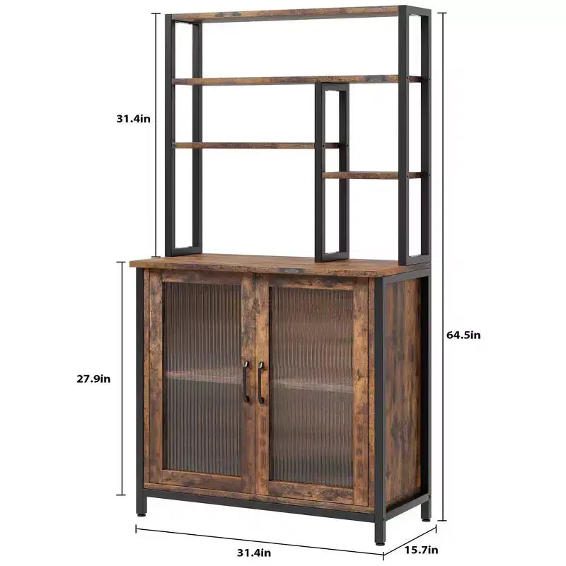 Kitchen Bakers Rack with Large Cabinet, Tall Bar Cabinet with Storage. Large Microwave Stand with Shelf, Vintage Brown
