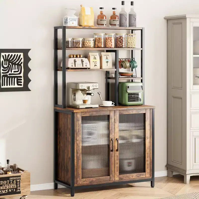 Kitchen Bakers Rack with Large Cabinet, Tall Bar Cabinet with Storage. Large Microwave Stand with Shelf, Vintage Brown