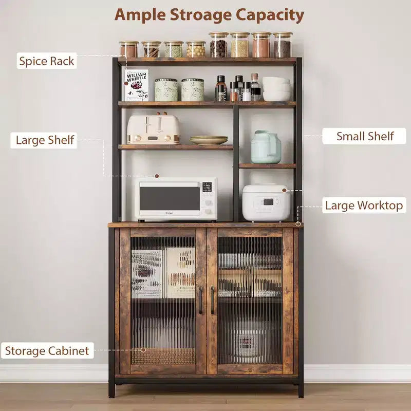 Kitchen Bakers Rack with Large Cabinet, Tall Bar Cabinet with Storage. Large Microwave Stand with Shelf, Vintage Brown
