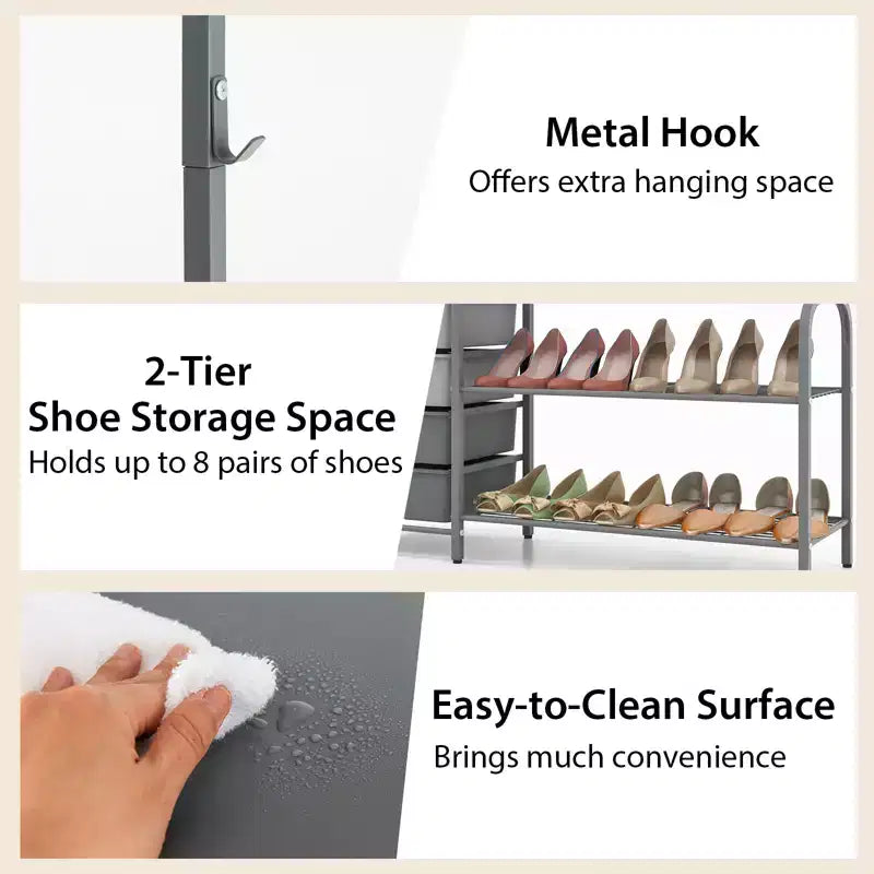 Costway Heavy Duty Clothes Rack with 6 Removable Drawers 3-Tier Open Shelves & 2-Tier Metal Shoe Rack Side Hook Adjustable Feet