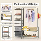 Costway Heavy Duty Clothes Rack with 6 Removable Drawers 3-Tier Open Shelves & 2-Tier Metal Shoe Rack Side Hook Adjustable Feet