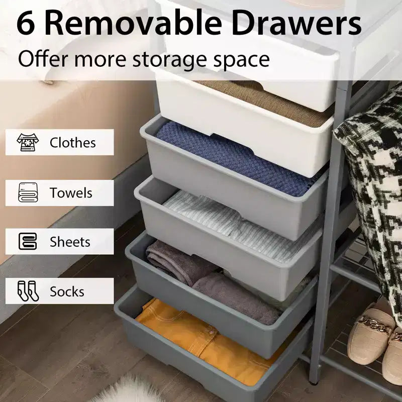 Costway Heavy Duty Clothes Rack with 6 Removable Drawers 3-Tier Open Shelves & 2-Tier Metal Shoe Rack Side Hook Adjustable Feet