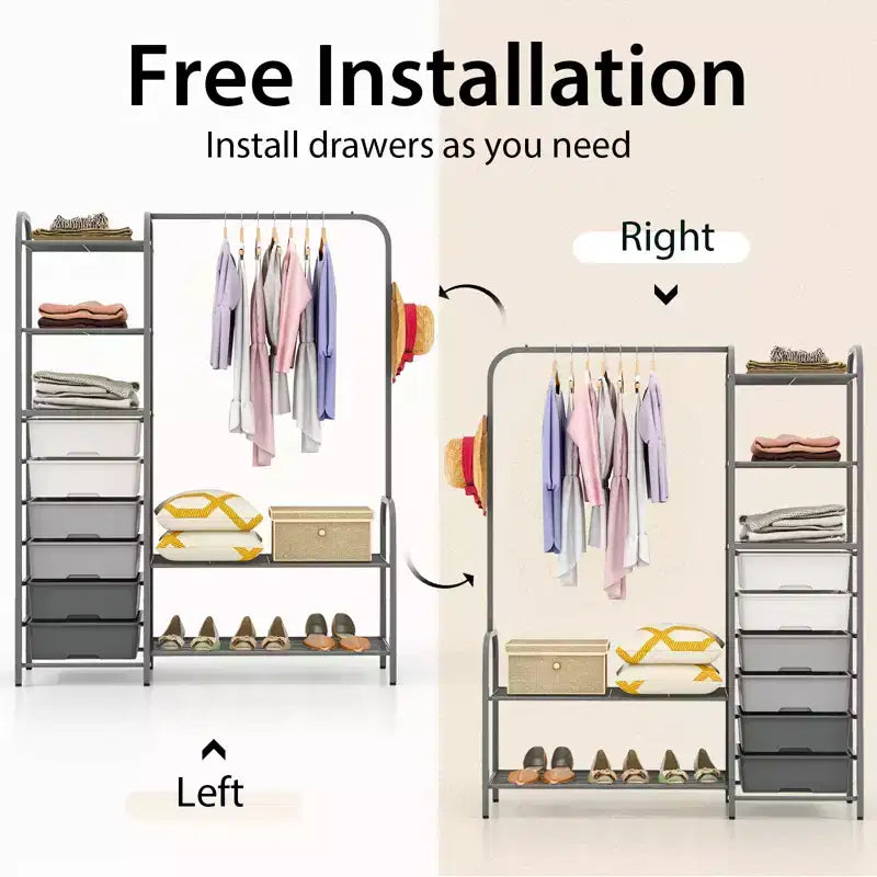 Costway Heavy Duty Clothes Rack with 6 Removable Drawers 3-Tier Open Shelves & 2-Tier Metal Shoe Rack Side Hook Adjustable Feet