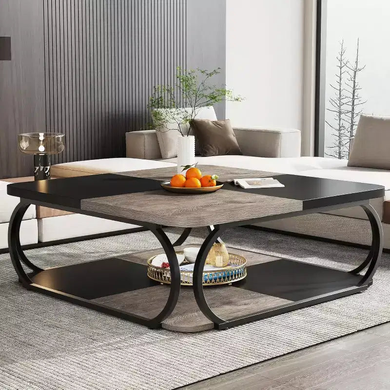 Tavolino da caffè quadrato basso a 2 ripiani Lantine 40 in stile rustico con ripiano portaoggetti in legno, struttura curva in metallo resistente per soggiorno