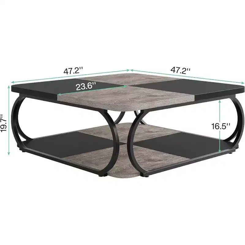 Tavolino da caffè quadrato basso a 2 ripiani Lantine 40 in stile rustico con ripiano portaoggetti in legno, struttura curva in metallo resistente per soggiorno