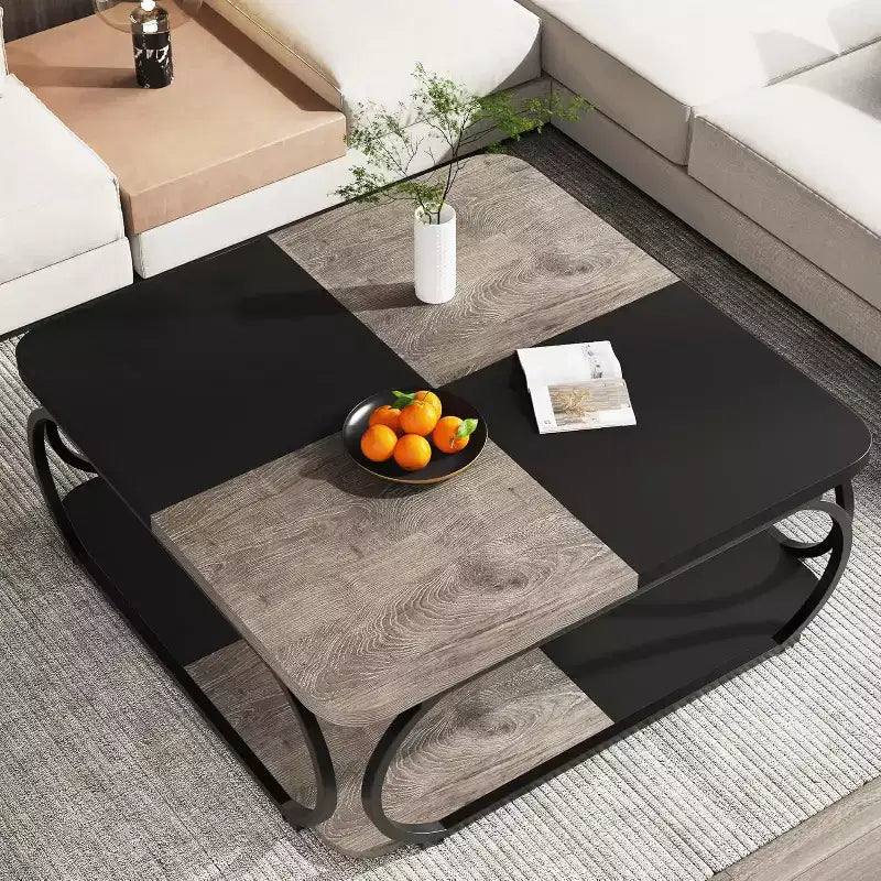 Tavolino da caffè quadrato basso a 2 ripiani Lantine 40 in stile rustico con ripiano portaoggetti in legno, struttura curva in metallo resistente per soggiorno
