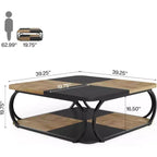 Tavolino da caffè quadrato basso a 2 ripiani Lantine 40 in stile rustico con ripiano portaoggetti in legno, struttura curva in metallo resistente per soggiorno