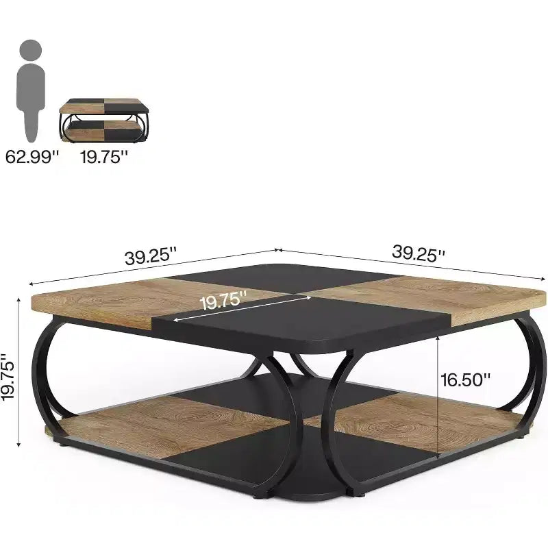 Tavolino da caffè quadrato basso a 2 ripiani Lantine 40 in stile rustico con ripiano portaoggetti in legno, struttura curva in metallo resistente per soggiorno