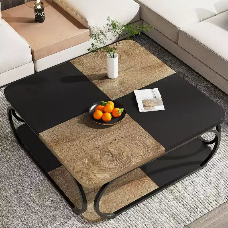 Tavolino da caffè quadrato basso a 2 ripiani Lantine 40 in stile rustico con ripiano portaoggetti in legno, struttura curva in metallo resistente per soggiorno