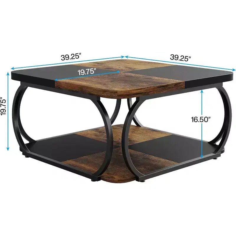 Tavolino da caffè quadrato basso a 2 ripiani Lantine 40 in stile rustico con ripiano portaoggetti in legno, struttura curva in metallo resistente per soggiorno