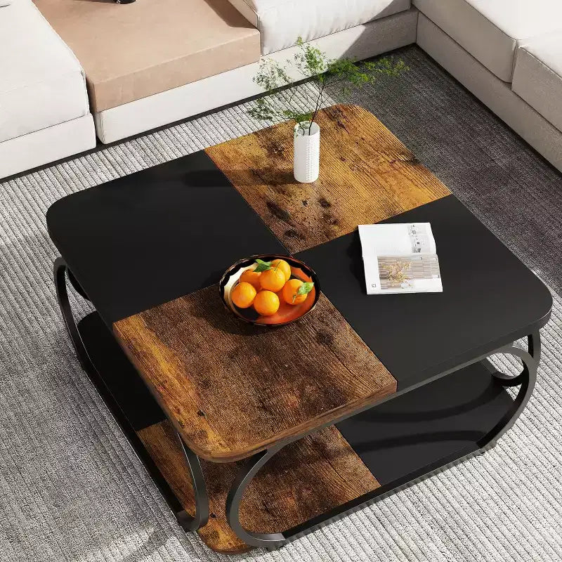 Tavolino da caffè quadrato basso a 2 ripiani Lantine 40 in stile rustico con ripiano portaoggetti in legno, struttura curva in metallo resistente per soggiorno