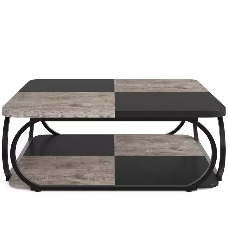 Lantine 40 Farmhouse 2-tier Low Square Coffee Table with Wood Storage Shelf Heavy Duty Metal Curved Frame for Living Room