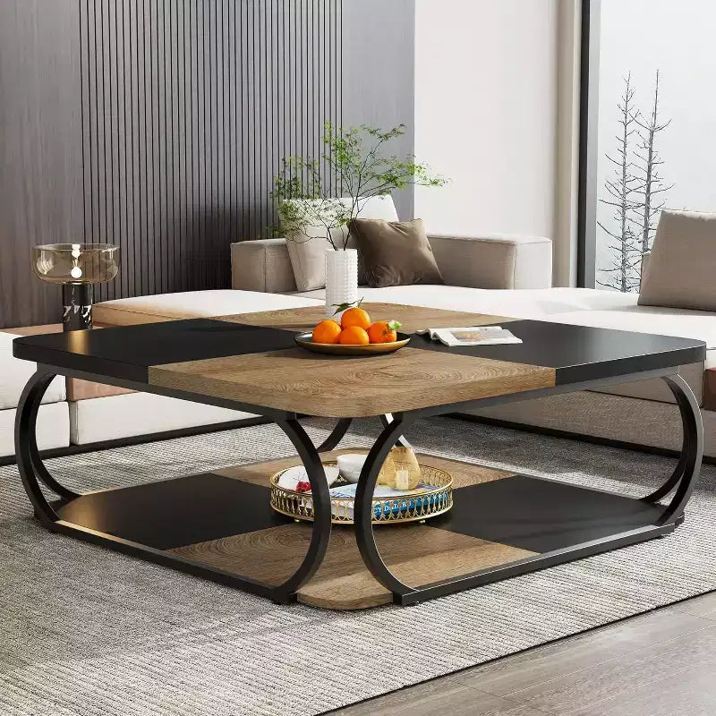 Lantine 40 Farmhouse 2-tier Low Square Coffee Table with Wood Storage Shelf Heavy Duty Metal Curved Frame for Living Room