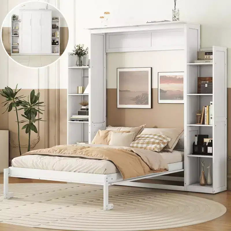 Full/Queen Size Murphy Bed/Wall Bed with Shelves and LED Lights 4A - ModernLuxe