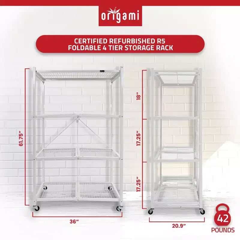 Origami R5 4 Tier Foldable Metal Storage Rack with Wheels, 1,000 Pound Capacity for Kitchen, Garage, or Garden Storage, White, Certified Refurbished