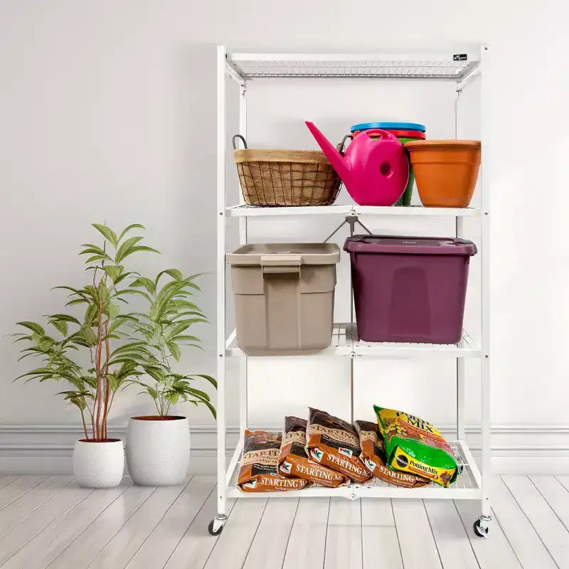 Origami R5 4 Tier Foldable Metal Storage Rack with Wheels, 1,000 Pound Capacity for Kitchen, Garage, or Garden Storage, White, Certified Refurbished