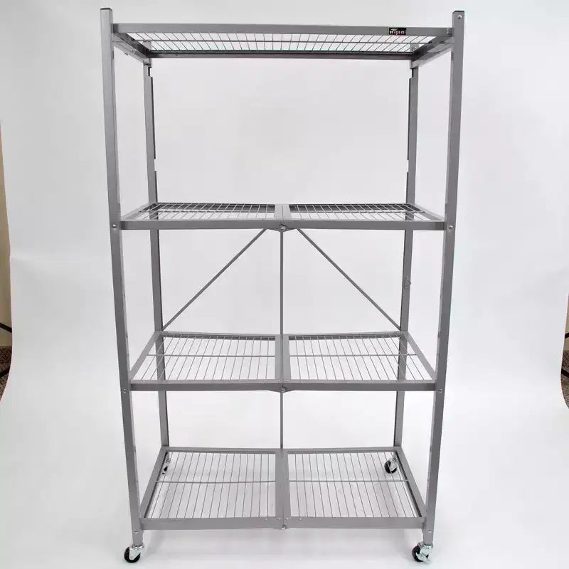 Origami R5 4 Tier Foldable Metal Storage Rack with Wheels, 1,000 Pound Capacity for Kitchen, Garage, or Garden Storage, Pewter, Certified Refurbished