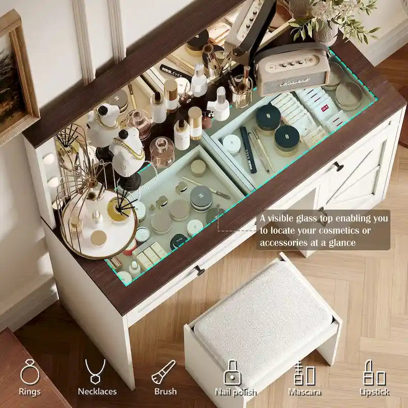 Roomfitters Toilette da Trucco Rustica con Luci, Scrivania con Specchio Illuminato e Anta a Scorrimento, Tavolo da Trucco con 2 Cassetti