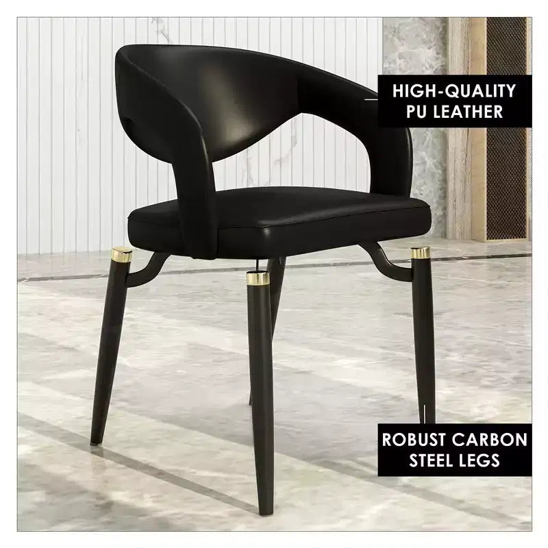 Sedia da pranzo moderna LeisureMod Entice, sedile in pelle imbottito con schienale aperto curvo e gambe in metallo, cucina moderna, sala da pranzo, casa, posti a sedere per bar