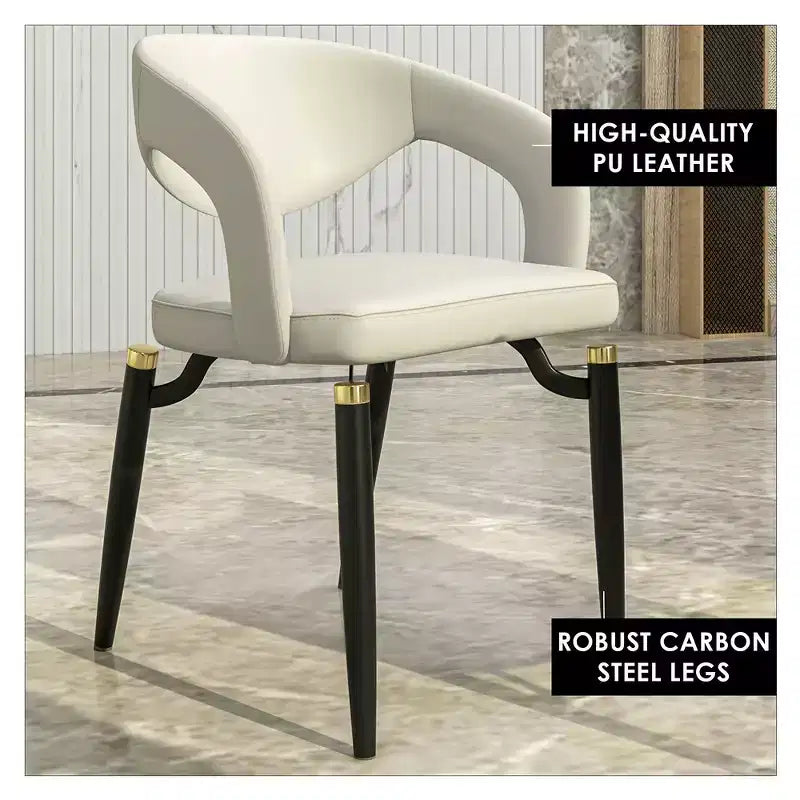 Sedia da pranzo moderna LeisureMod Entice, sedile in pelle imbottito con schienale aperto curvo e gambe in metallo, cucina moderna, sala da pranzo, casa, posti a sedere per bar