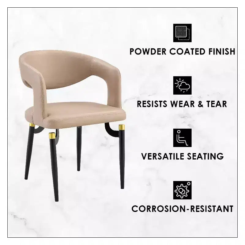 Sedia da pranzo moderna LeisureMod Entice, sedile in pelle imbottito con schienale aperto curvo e gambe in metallo, cucina moderna, sala da pranzo, casa, posti a sedere per bar