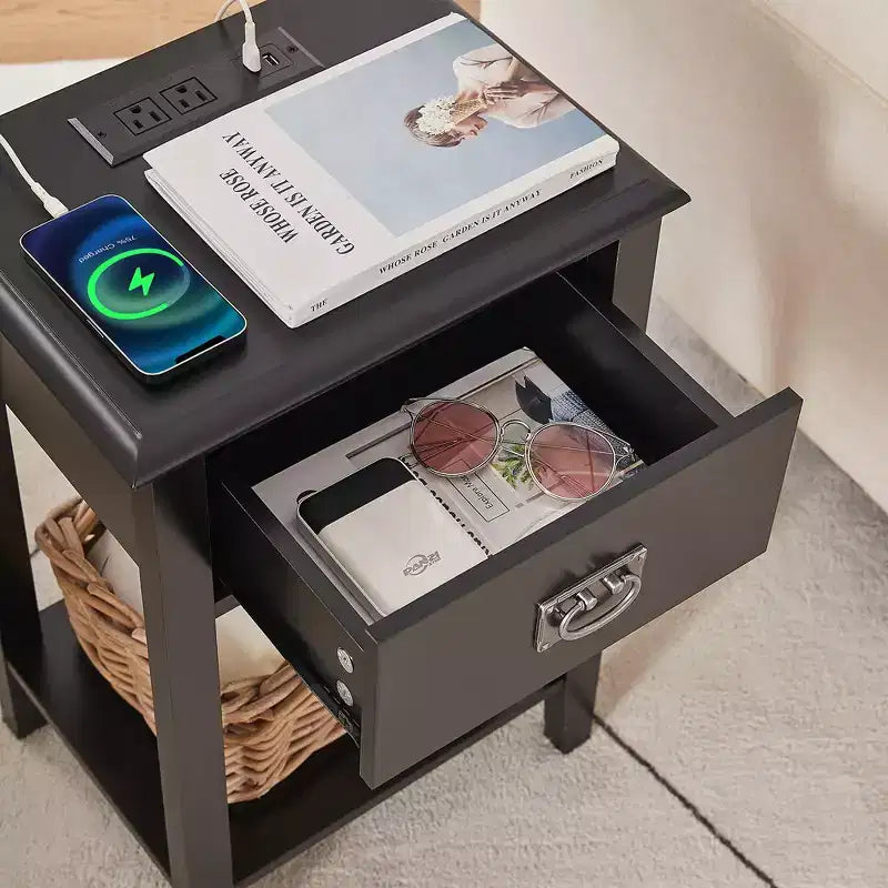 VECELO Nightstand Set of 2-with Charging Station, Black End/Side Table with USB Ports, Nightstands with 3-Drawers Storage Shelf
