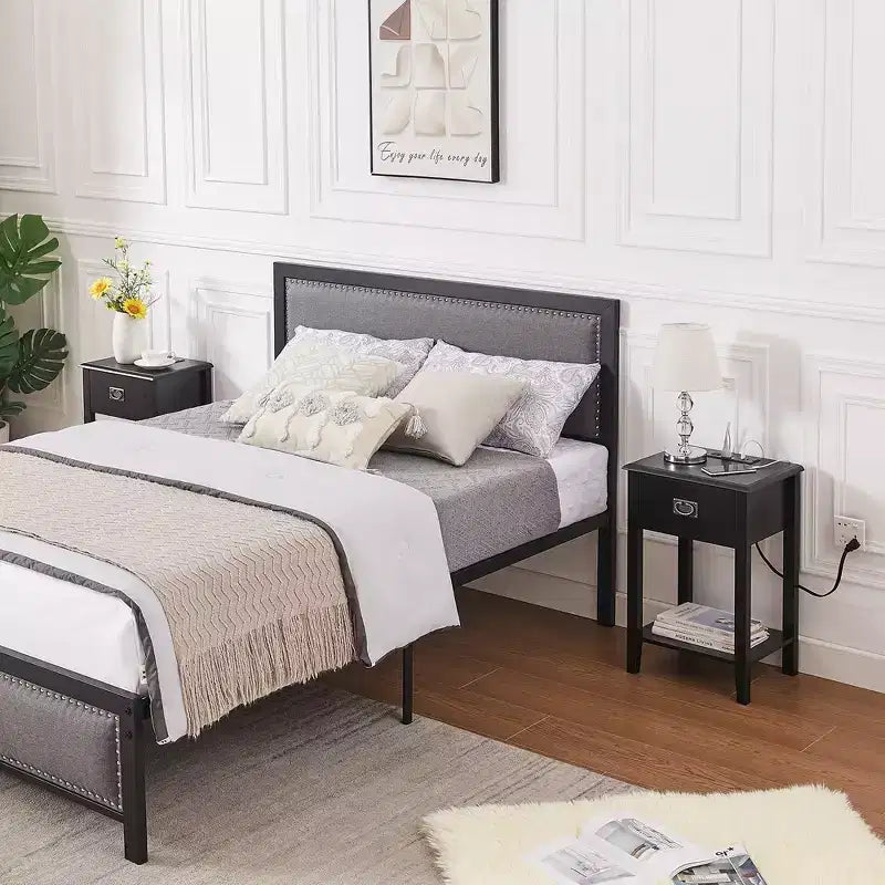 VECELO Nightstand Set of 2-with Charging Station, Black End/Side Table with USB Ports, Nightstands with 3-Drawers Storage Shelf
