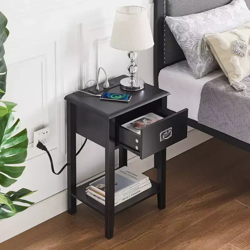 VECELO Nightstand Set of 2-with Charging Station, Black End/Side Table with USB Ports, Nightstands with 3-Drawers Storage Shelf