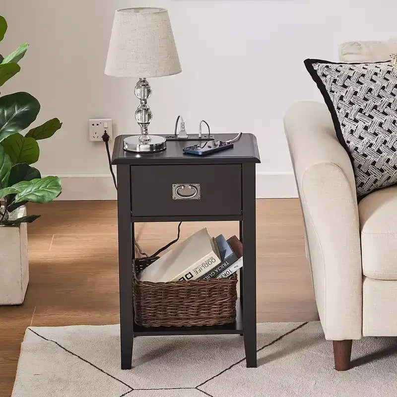 VECELO Nightstand Set of 2-with Charging Station, Black End/Side Table with USB Ports, Nightstands with 3-Drawers Storage Shelf