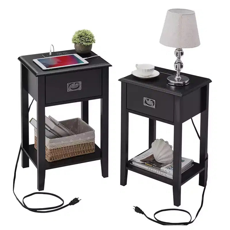 VECELO Nightstand Set of 2-with Charging Station, Black End/Side Table with USB Ports, Nightstands with 3-Drawers Storage Shelf