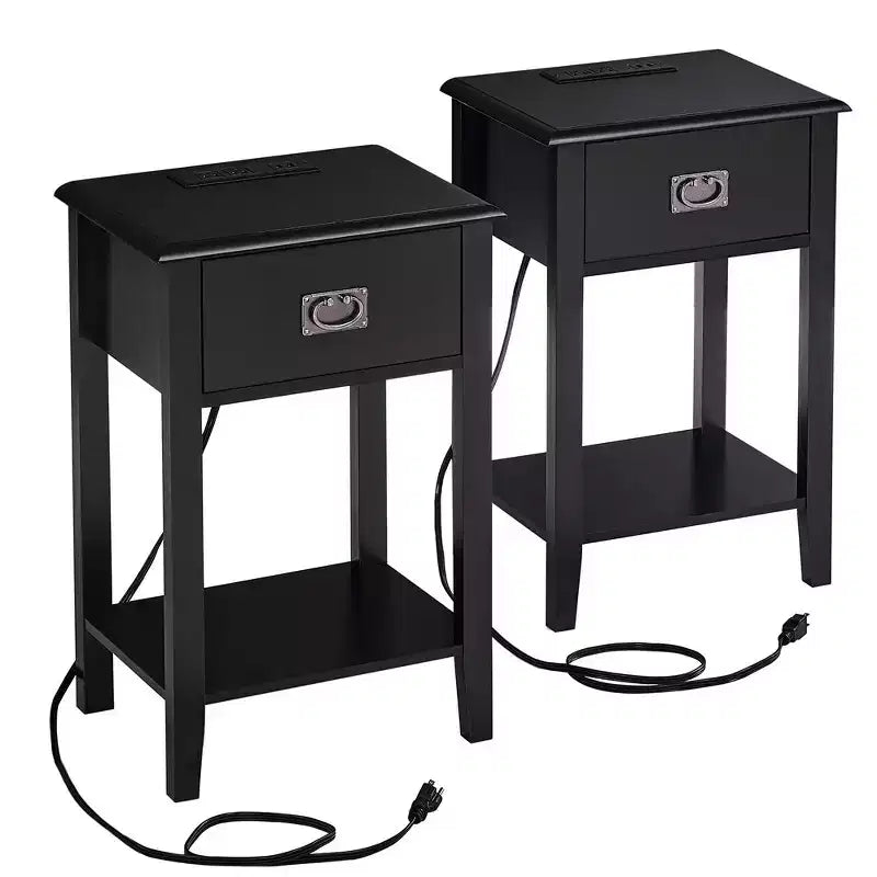 VECELO Nightstand Set of 2-with Charging Station, Black End/Side Table with USB Ports, Nightstands with 3-Drawers Storage Shelf