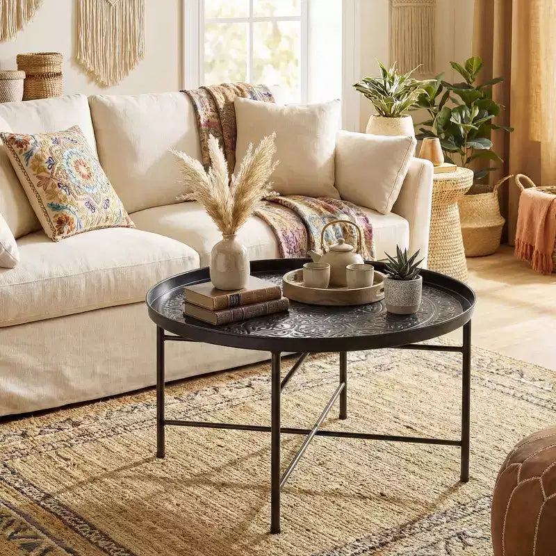 HOMCOM 24 Round Coffee Table with Hammered Tray Top, Vintage Metal Center Table for Living Room, Bedroom, Side Table