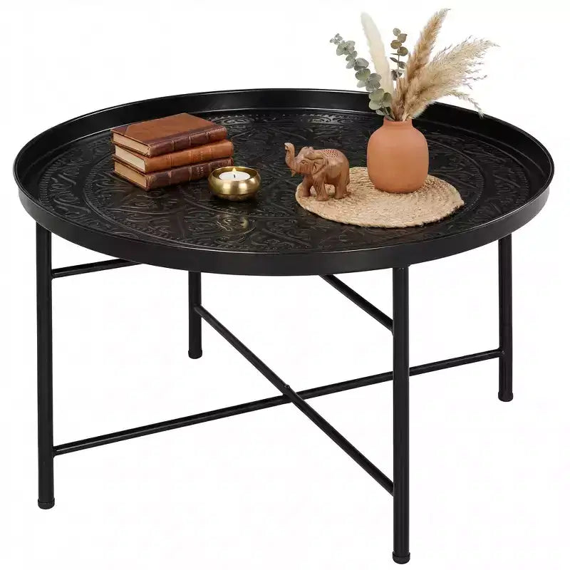 HOMCOM 24 Round Coffee Table with Hammered Tray Top, Vintage Metal Center Table for Living Room, Bedroom, Side Table