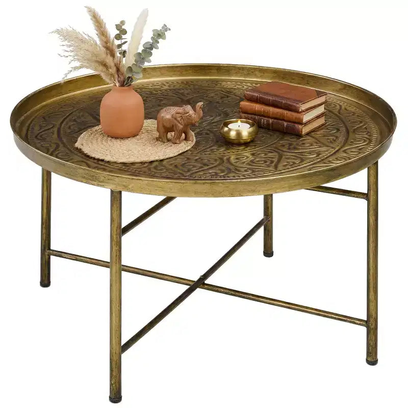 HOMCOM 24 Round Coffee Table with Hammered Tray Top, Vintage Metal Center Table for Living Room, Bedroom, Side Table