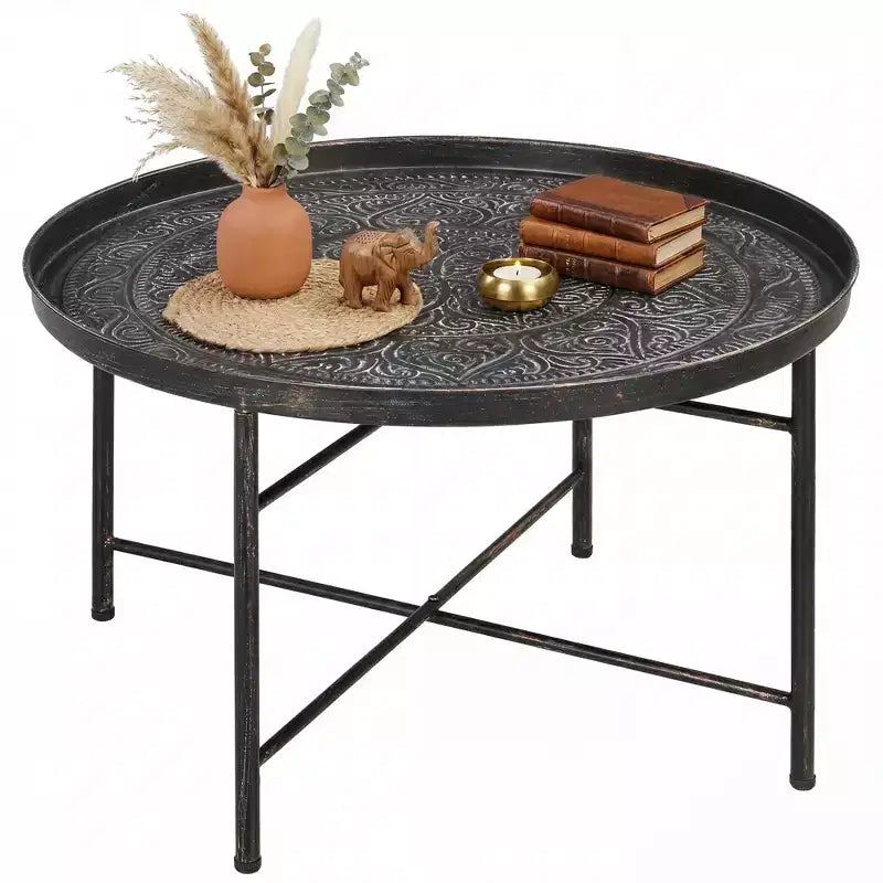 HOMCOM 24 Round Coffee Table with Hammered Tray Top, Vintage Metal Center Table for Living Room, Bedroom, Side Table