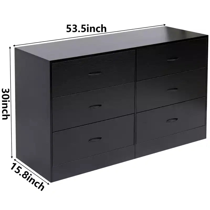 Wide 6 Drawer Dresser for Bedroom 53.5 Inch Modern Chest of Drawers MDF Wood Black Finish