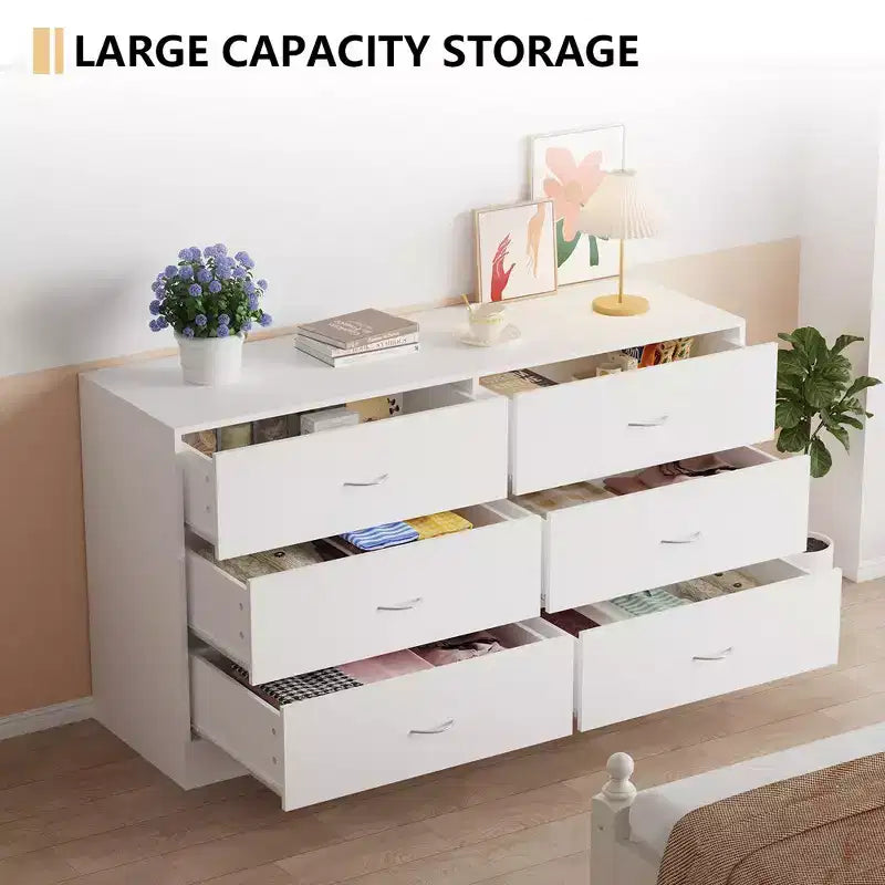 Comò moderno a 6 cassetti larghi per camera da letto, cassettiera da 5,3 pollici con guide scorrevoli lisce, bianco