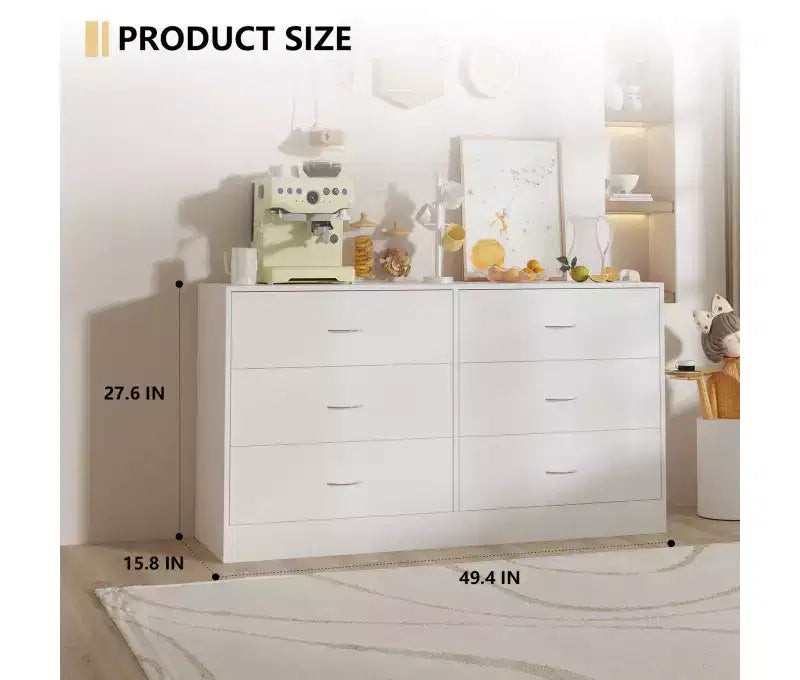 Comò moderno a 6 cassetti larghi per camera da letto, cassettiera da 5,3 pollici con guide scorrevoli lisce, bianco