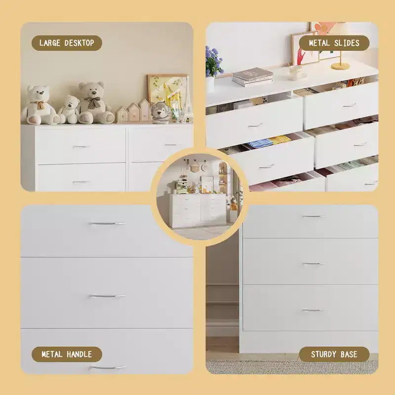 Comò moderno a 6 cassetti larghi per camera da letto, cassettiera da 5,3 pollici con guide scorrevoli lisce, bianco
