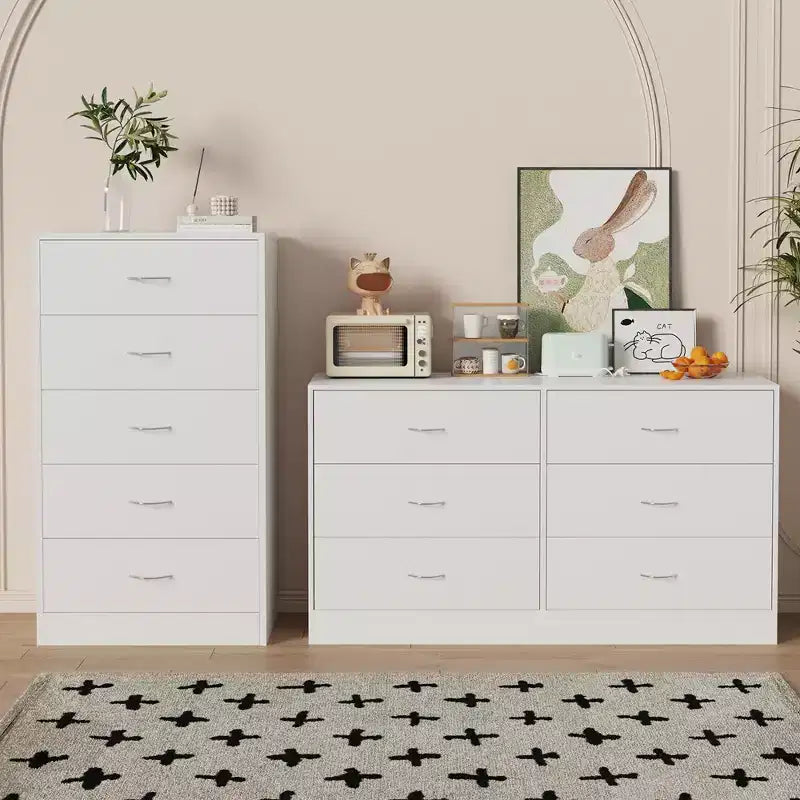 Comò moderno a 6 cassetti larghi per camera da letto, cassettiera da 5,3 pollici con guide scorrevoli lisce, bianco