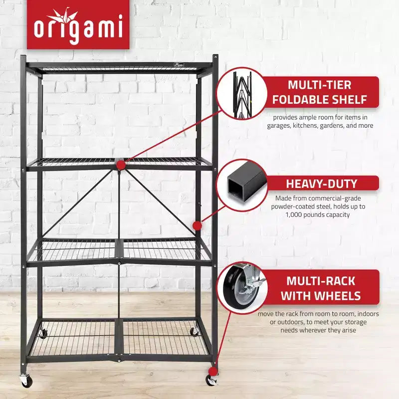 Origami R5 4 Tier Foldable Metal Storage Rack with Wheels, 1,000 Pound Capacity for Kitchen, Garage, or Garden Storage, Black, Certified Refurbished