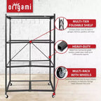 Origami R5 4 Tier Foldable Metal Storage Rack with Wheels, 1,000 Pound Capacity for Kitchen, Garage, or Garden Storage, Black, Certified Refurbished