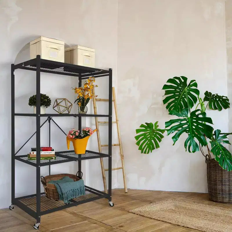 Origami R5 4 Tier Foldable Metal Storage Rack with Wheels, 1,000 Pound Capacity for Kitchen, Garage, or Garden Storage, Black, Certified Refurbished