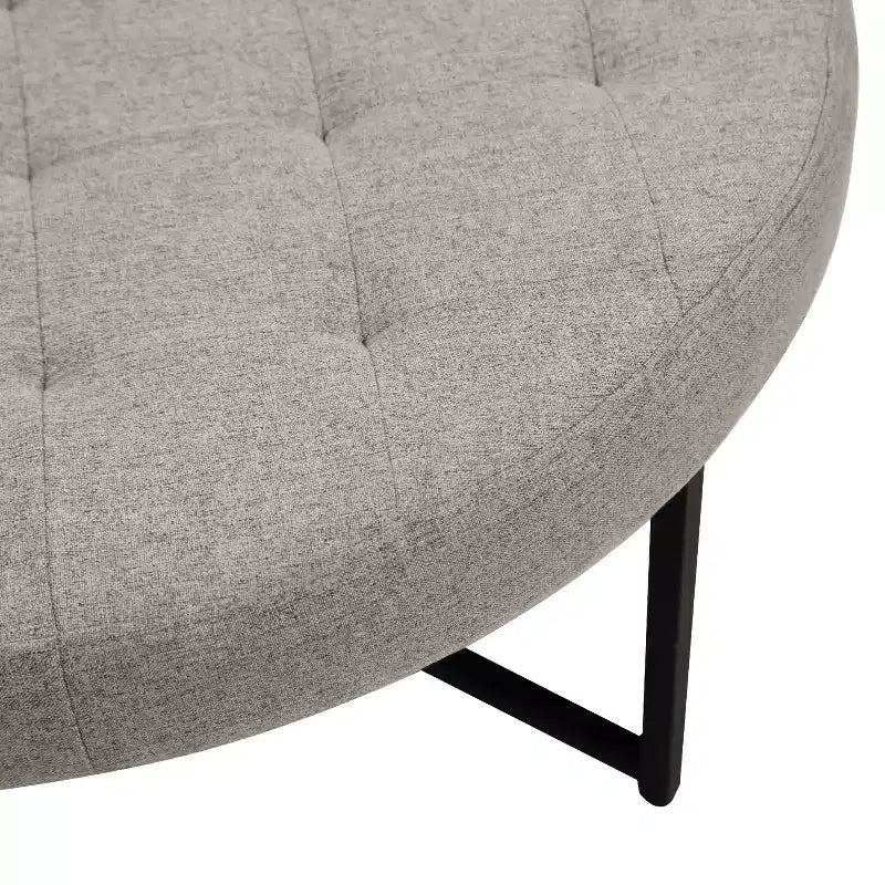 Emma and Oliver 34 in. Cotton Linen Round Ottoman with Tufted Design and Sturdy Iron Frame