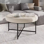 Emma and Oliver 34 in. Cotton Linen Round Ottoman with Tufted Design and Sturdy Iron Frame
