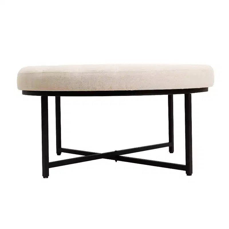 Emma and Oliver 34 in. Cotton Linen Round Ottoman with Tufted Design and Sturdy Iron Frame