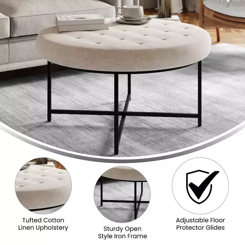 Emma and Oliver 34 in. Cotton Linen Round Ottoman with Tufted Design and Sturdy Iron Frame