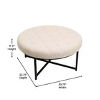 Emma and Oliver 34 in. Cotton Linen Round Ottoman with Tufted Design and Sturdy Iron Frame